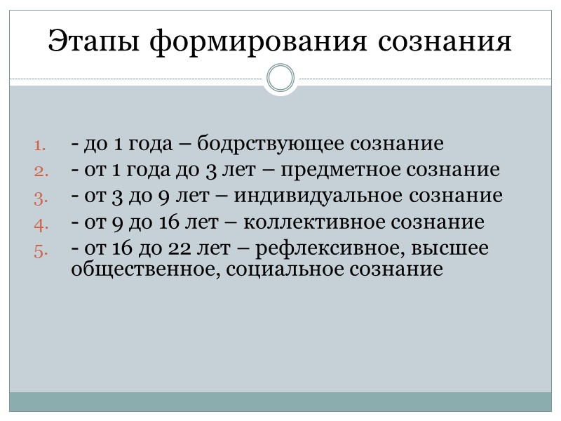 Этапы формирования сознания - до 1 года – бодрствующее сознание - от 1 года Этапы формирования сознания - до 1 года – бодрствующее сознание - от 1 года